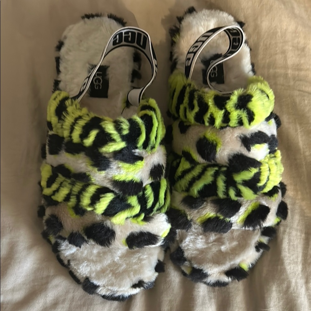 UGG Fluffy Neon Animal Print Slides